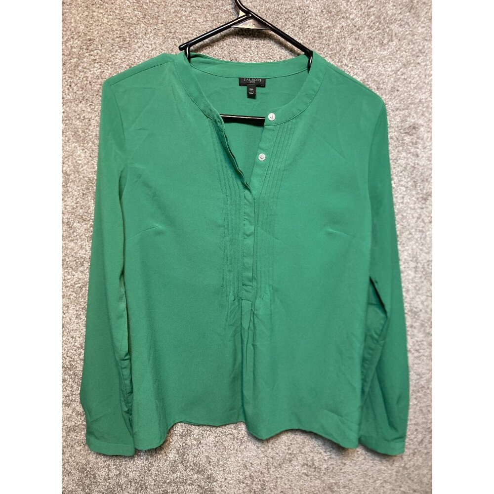 Talbots Petite Green Henley Blouse Long Sleeve Shirt Button Neck